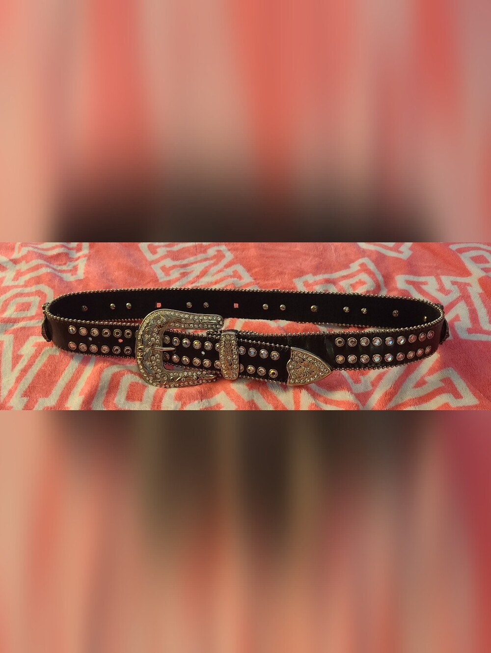 Embellished Black Western-Style Rhinestone Crown BLING Leather Belt